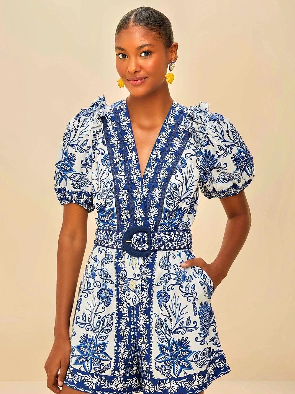 Farm Rio Floral Romper in Blue & White Like New Small